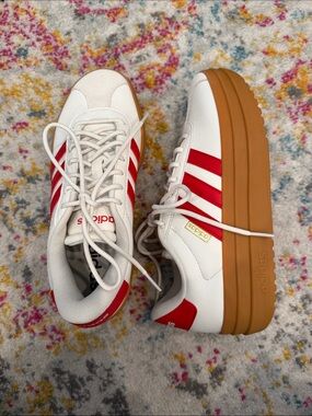 adidas White Sneakers with Red Stripes and Gum Sole
